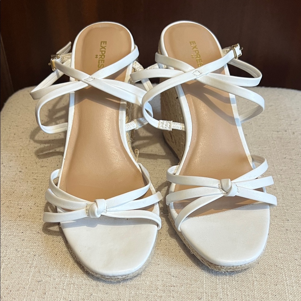 Express White Strappy Wedge Sandals with Braided Jute Detail